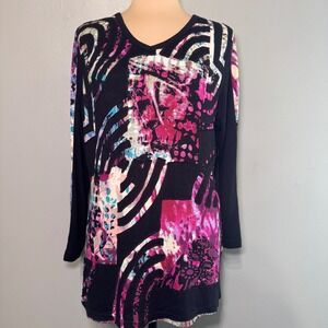 Parsley & Sage Women's Black Pink Abstract Print V Neck Long Sleeve Tunic Top L